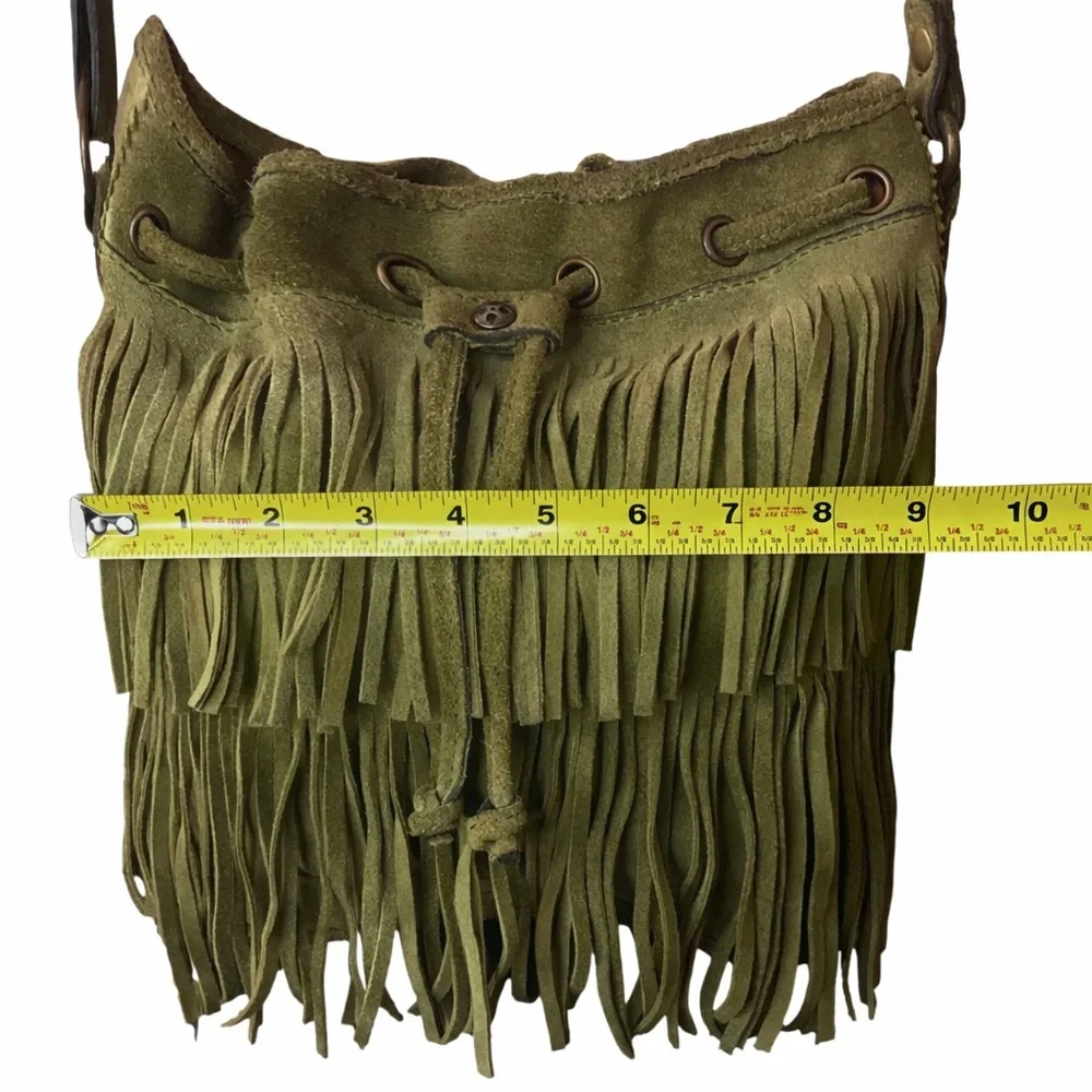 PATRICIA NASH Olive Green Fringe Suede Crossbody Bucket Bag